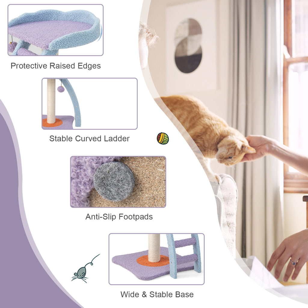 19 Inch Mohair Plush Cat Tree with Ladder & Jingling Ball - Purple