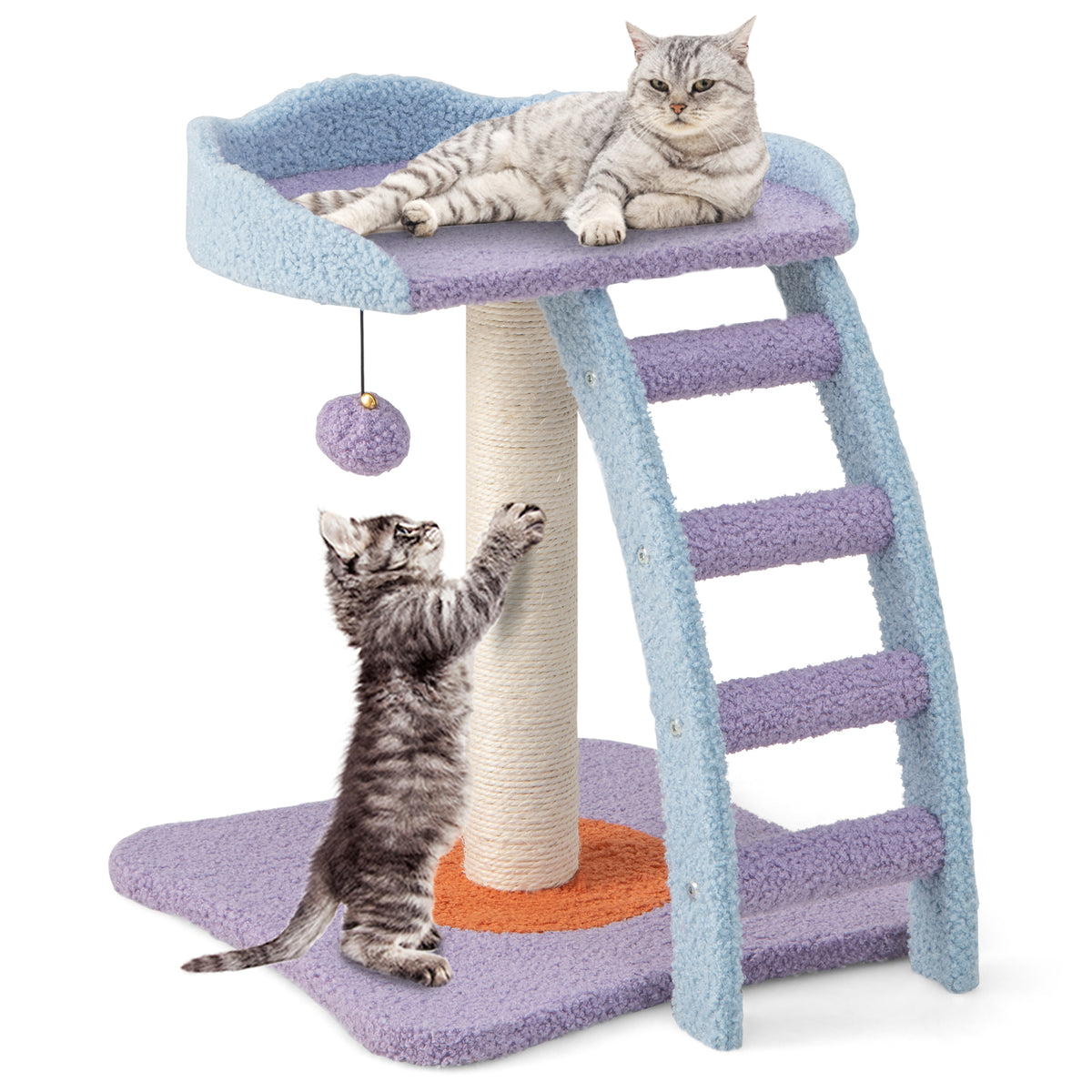19 Inch Mohair Plush Cat Tree with Ladder & Jingling Ball - Purple