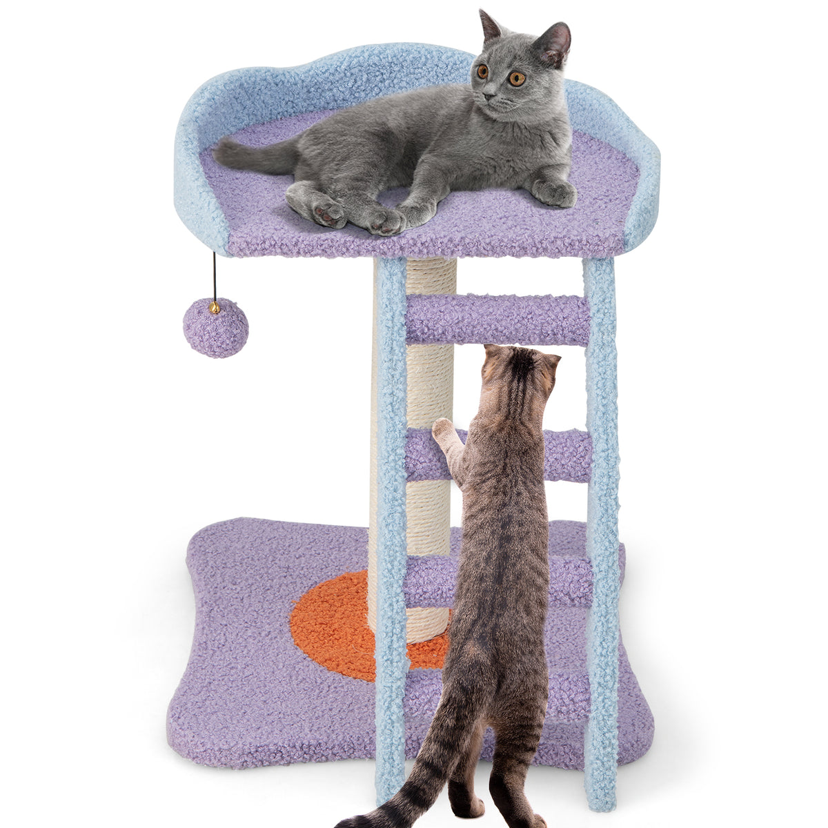 19 Inch Mohair Plush Cat Tree with Ladder & Jingling Ball - Purple