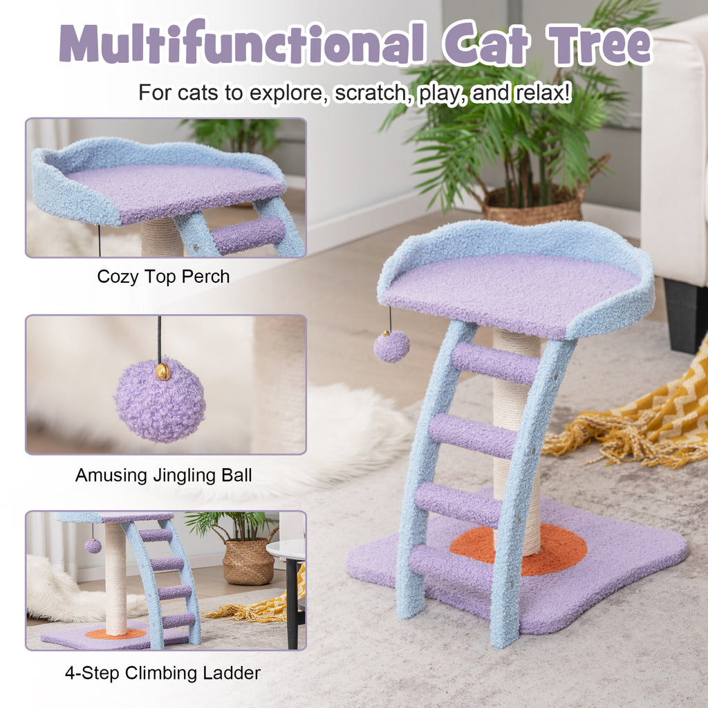19 Inch Mohair Plush Cat Tree with Ladder & Jingling Ball - Purple