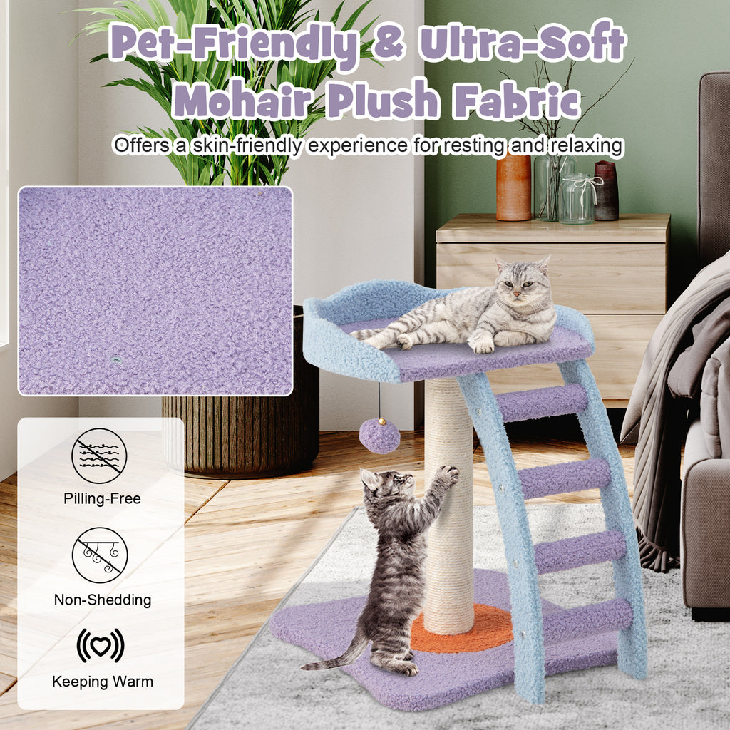 19 Inch Mohair Plush Cat Tree with Ladder & Jingling Ball - Purple