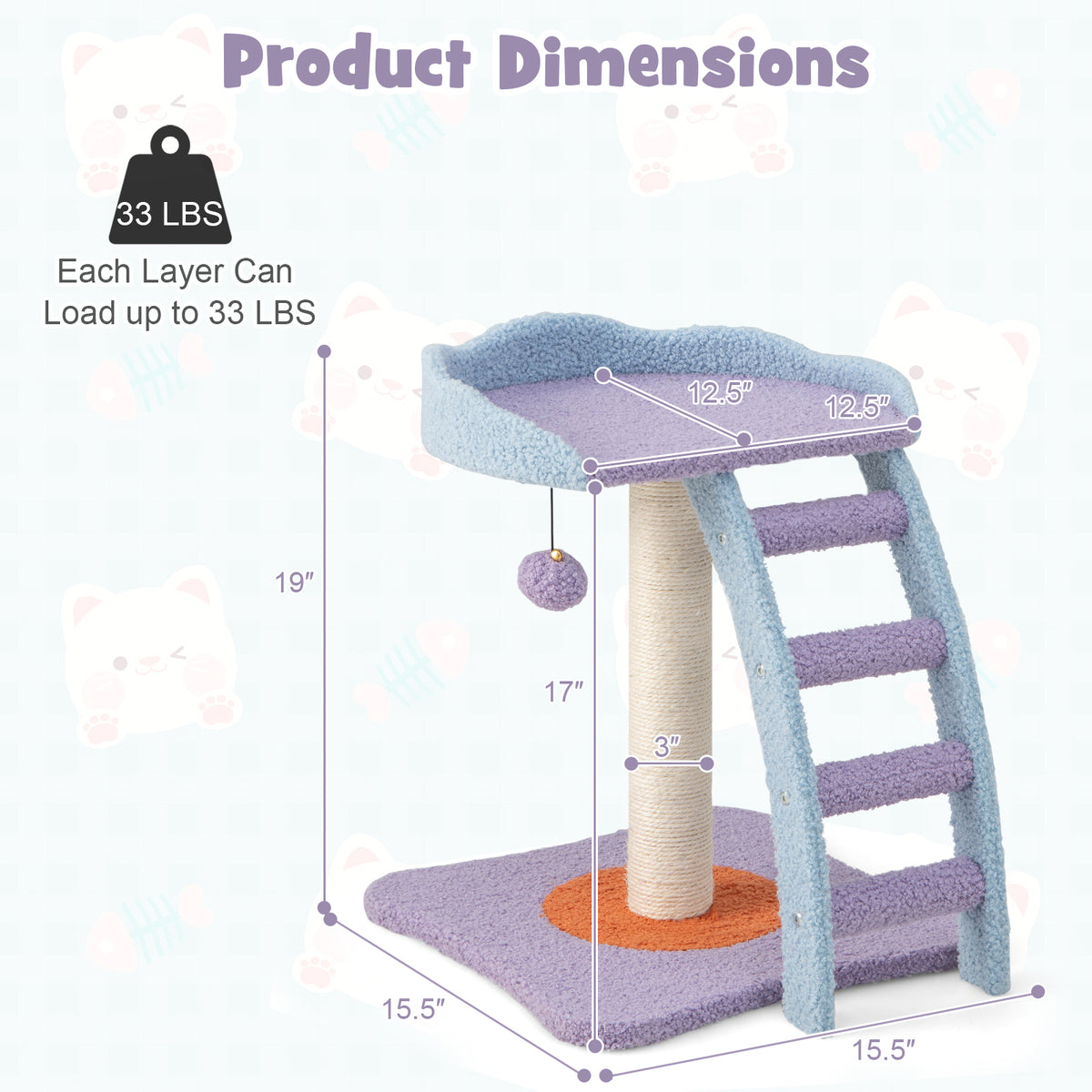 19 Inch Mohair Plush Cat Tree with Ladder & Jingling Ball - Purple