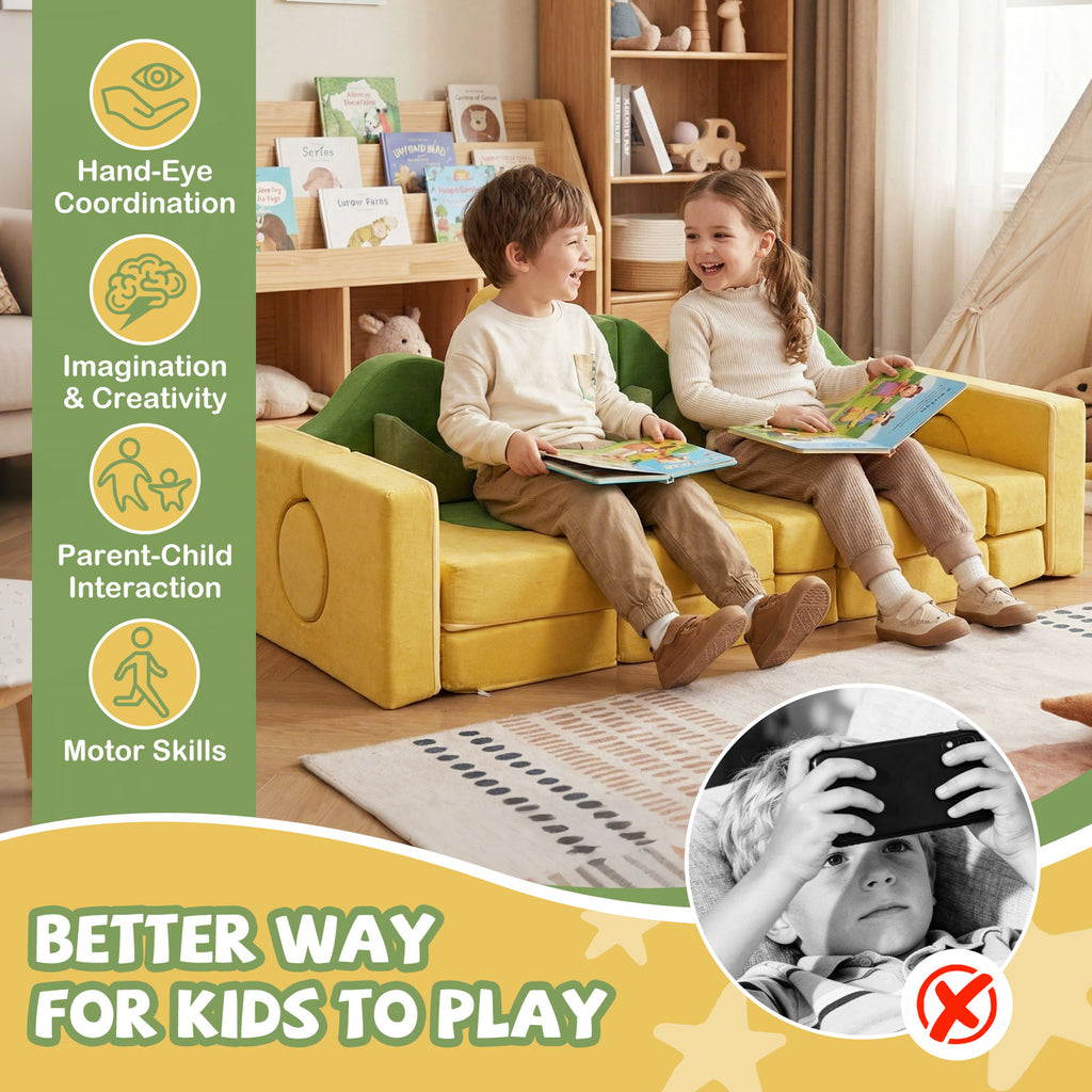 19 Pieces Modular Kids Play Couch Set - Soft Velvet Foam for Creativity & Imaginative Play