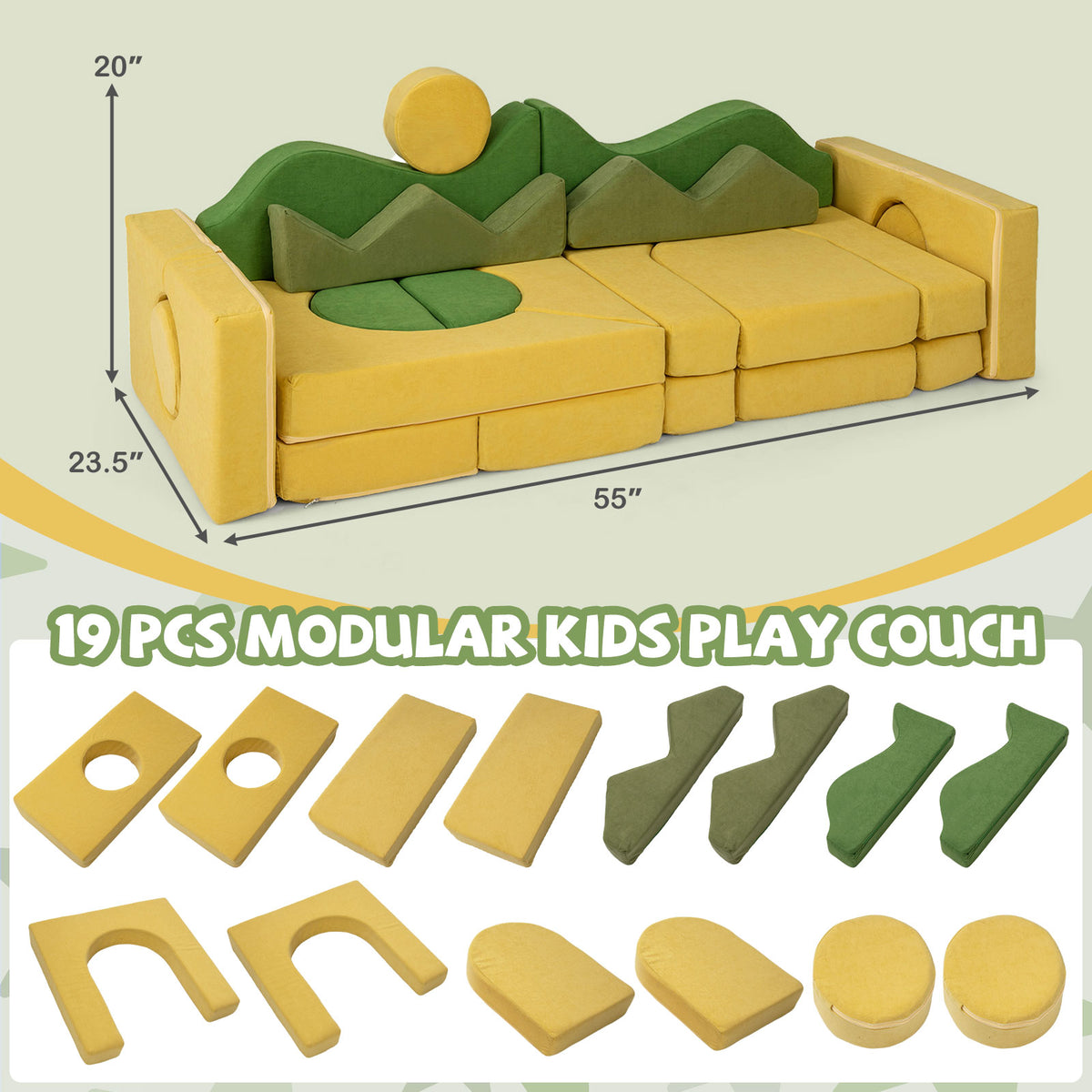 19 Pieces Modular Kids Play Couch Set - Soft Velvet Foam for Creativity & Imaginative Play