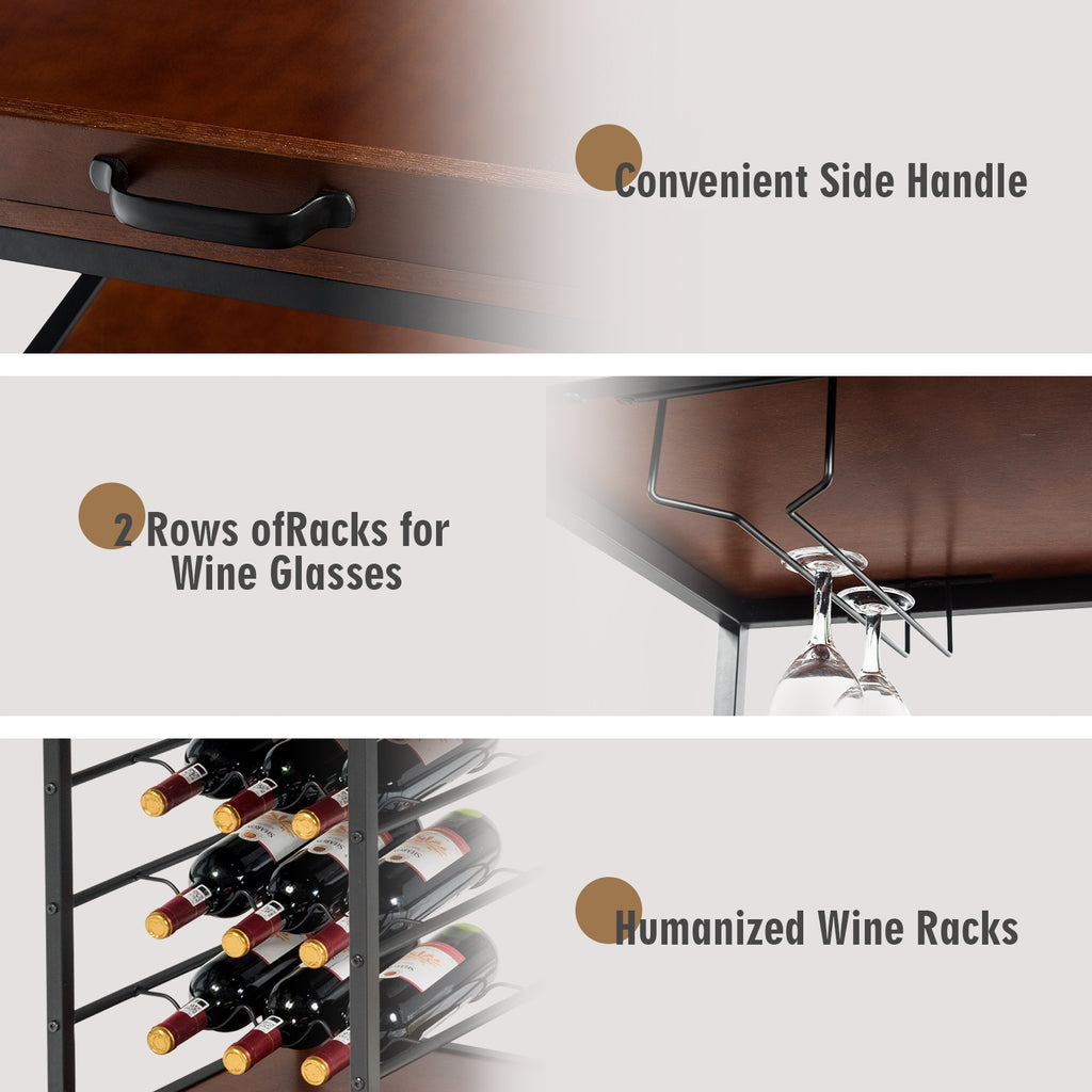 3-Tier Bar Cart with Wine Rack - 2 Row Glass Holders