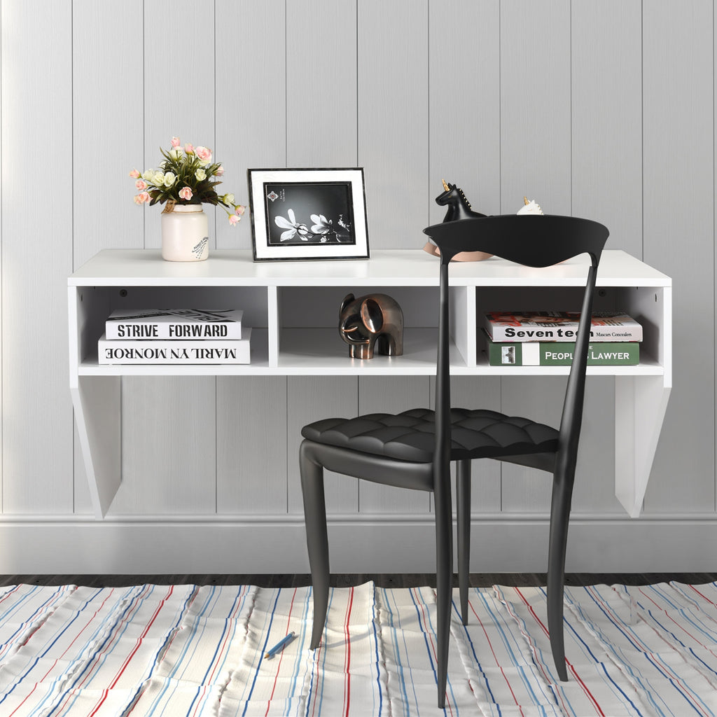 Wall Mounted Floating Computer Desk with Storage Shelves - White