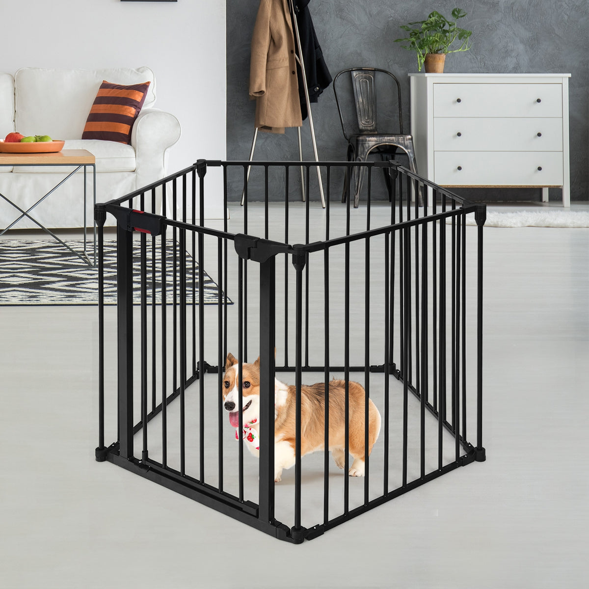 5-Panel Adjustable Metal Fireplace Fence with Locking Door - Black, 115 Inch