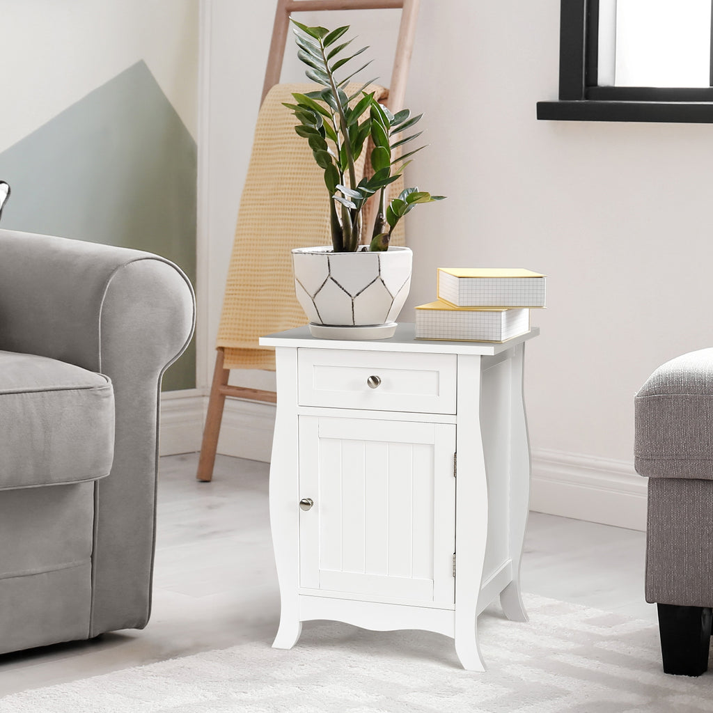 White Wooden End Table with Drawer and Cabinet Storage