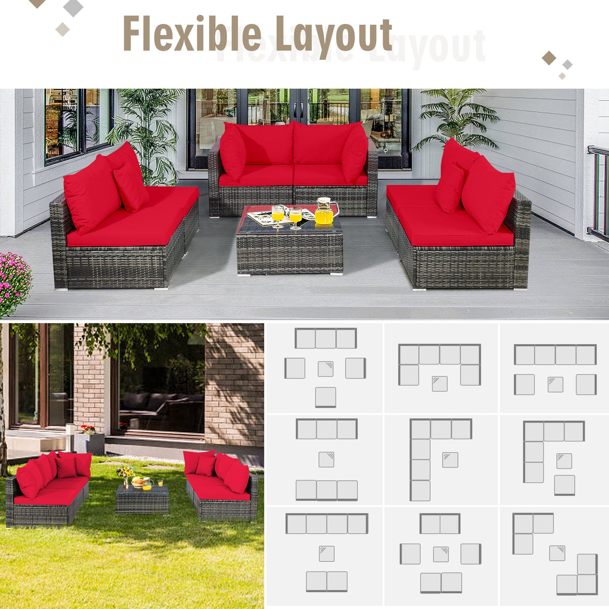 7-Piece Patio Rattan Sectional Sofa Set - Mix Gray & Red