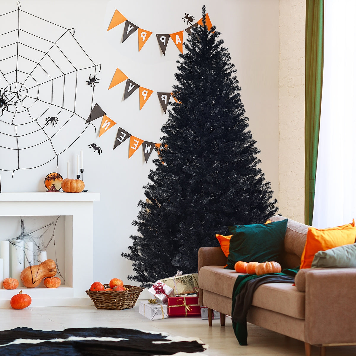 Hinged Artificial Christmas Tree - 7.5 Feet Black Holiday Tree with 1258 Tips