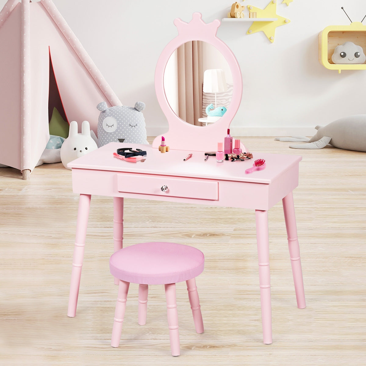 Kids Wooden Princess Makeup Table with Cushioned Stool & Round Mirror - Pink Variation