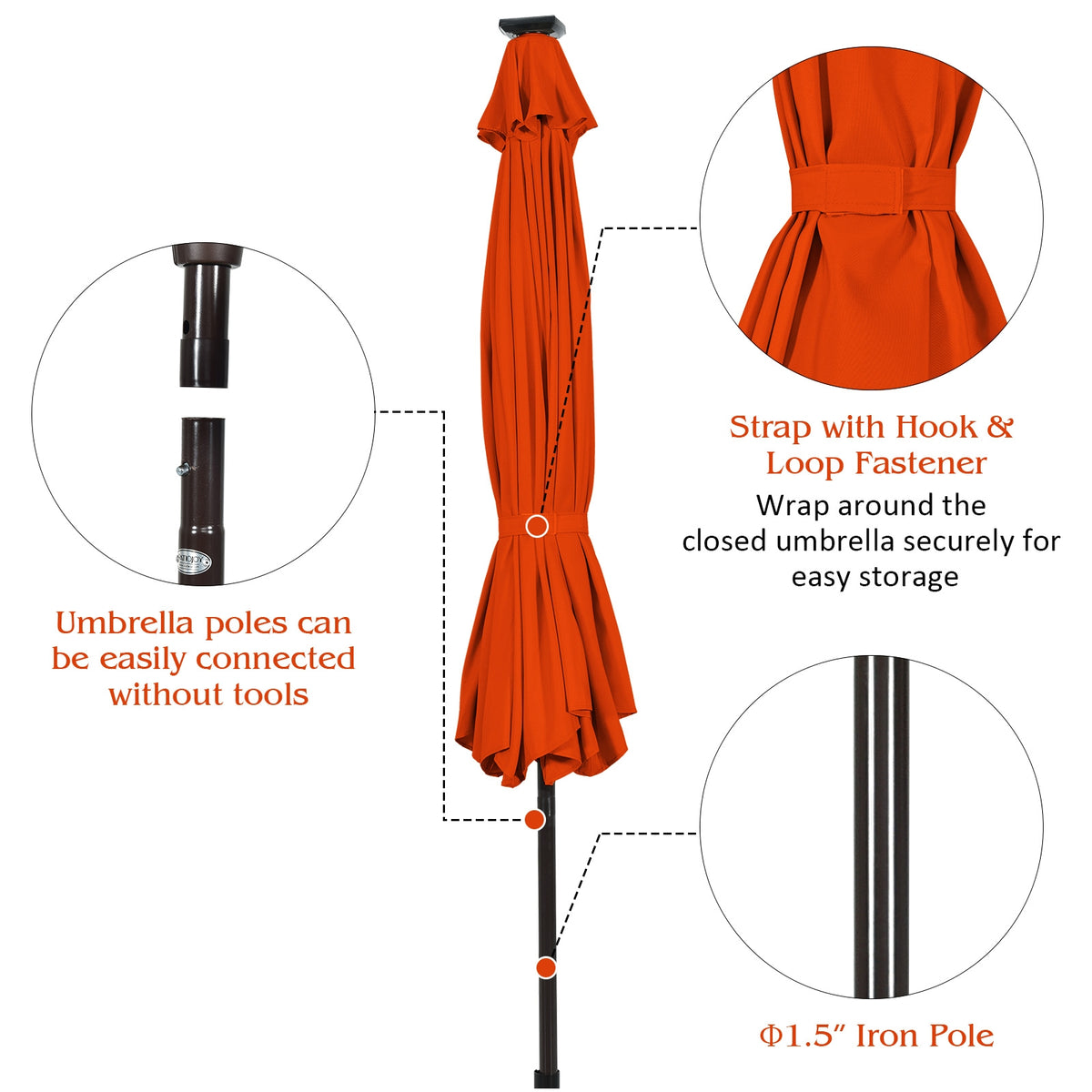 10 FT Patio Umbrella with 24 LED Solar Lights, Orange