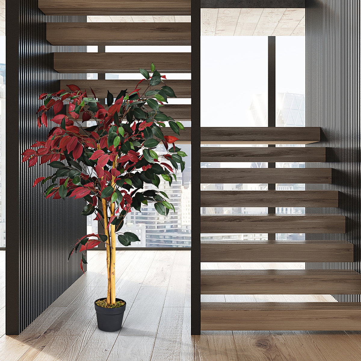 Artificial Ficus Tree 4 Feet Tall with Dual-Color Leaves & Nursery Pot