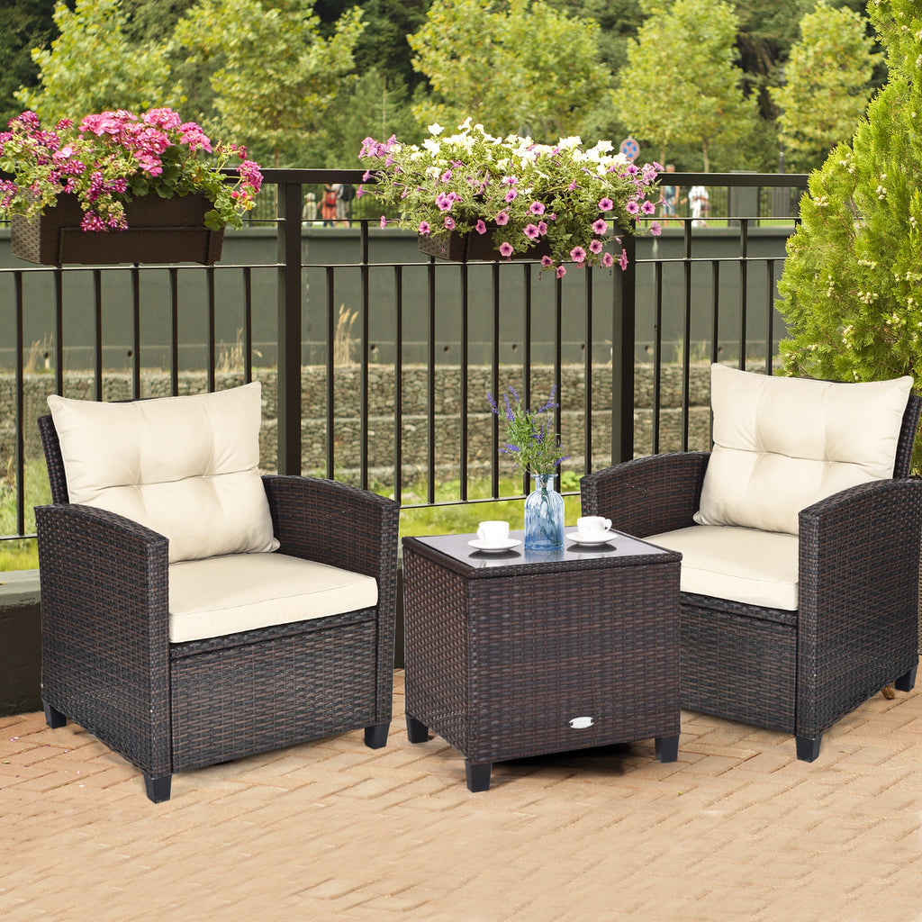 3-Piece Rattan Patio Furniture Set with Cushions - Brown, Beige