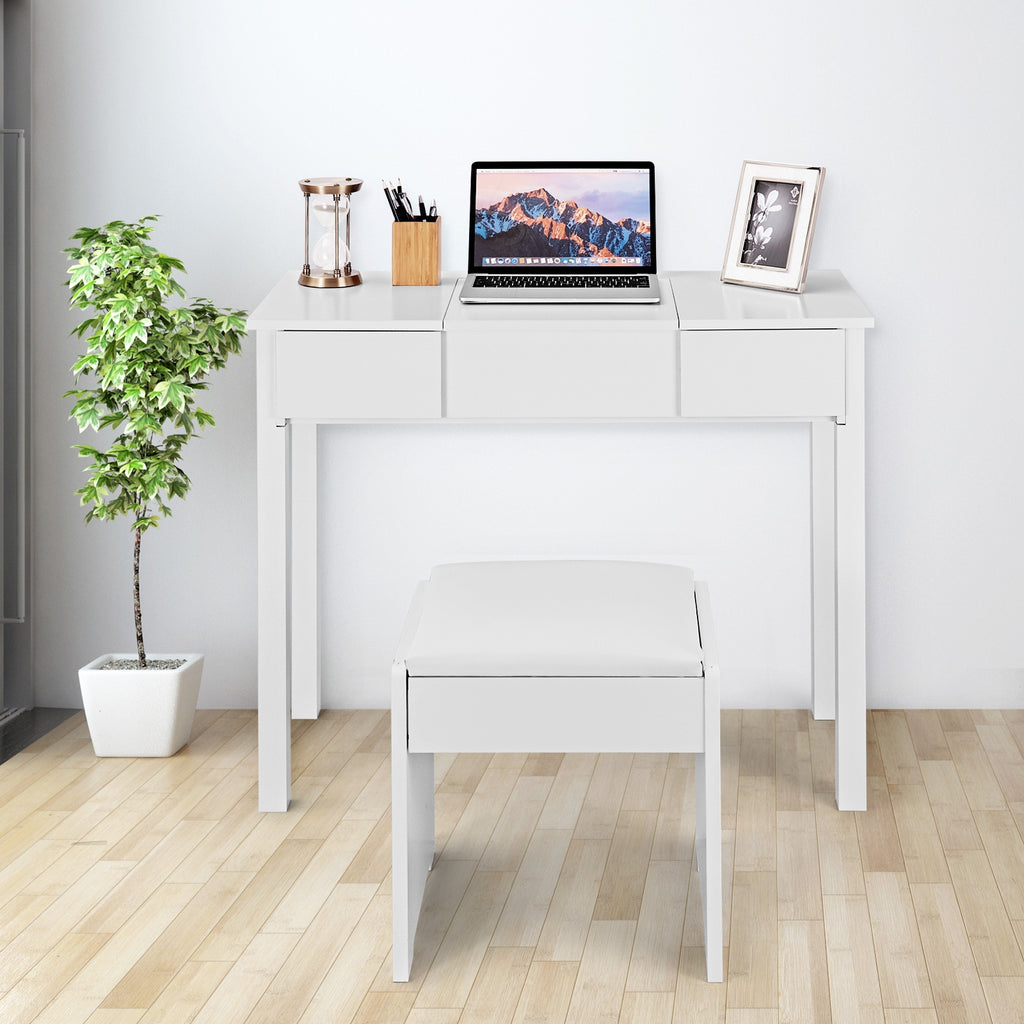 Makeup Dressing Table with Flip Top Mirror & Cushioned Stool, White