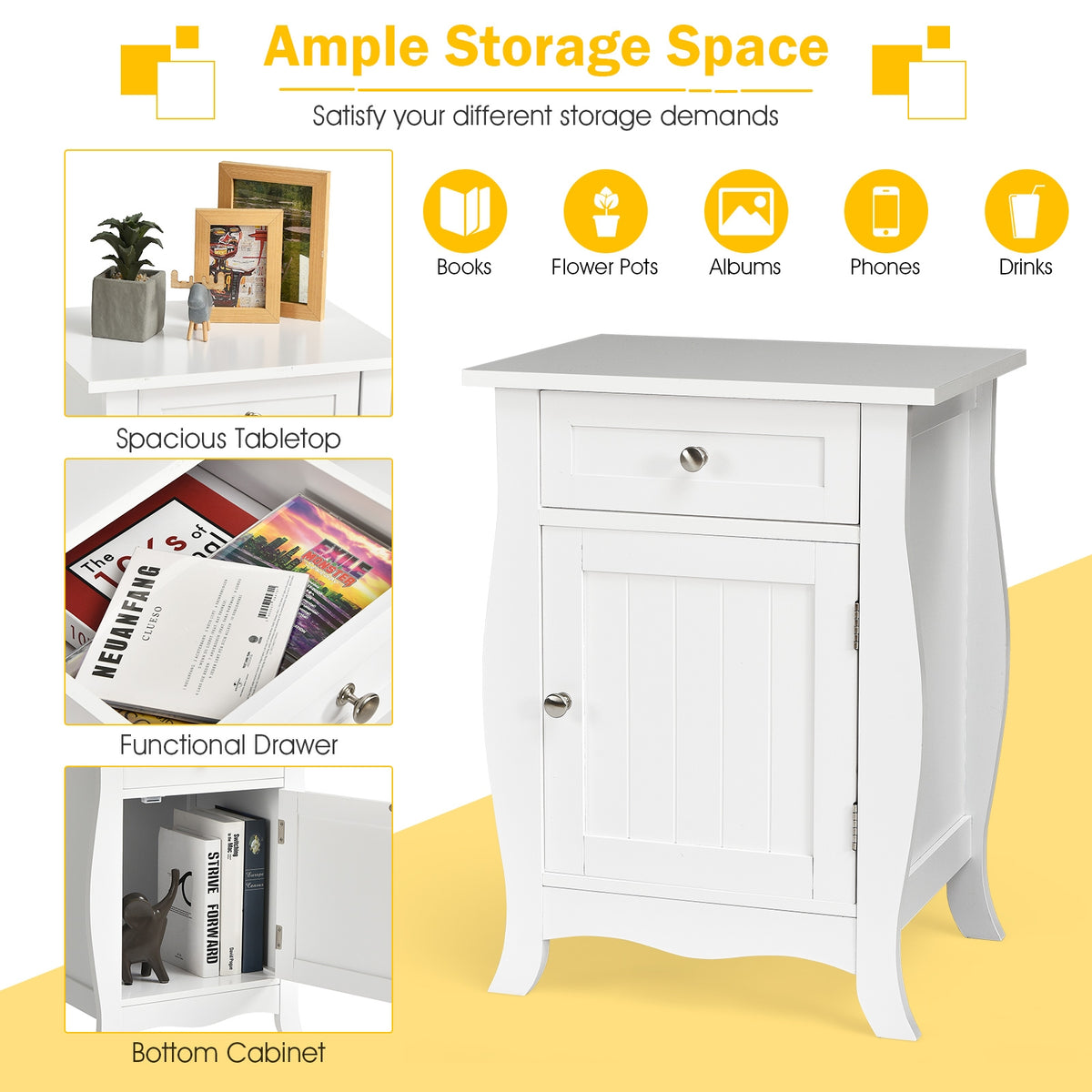 White Wooden End Table with Drawer and Cabinet Storage