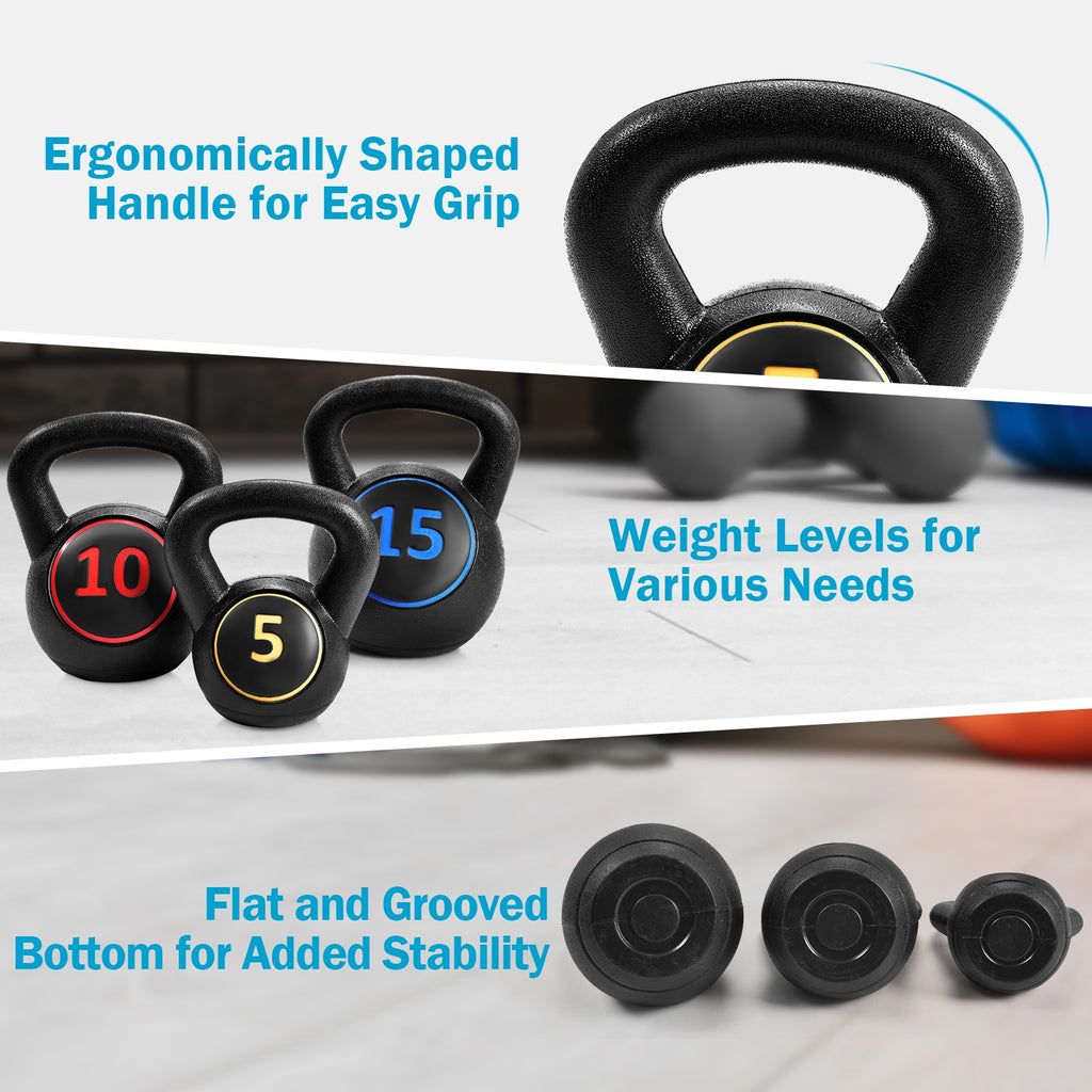 Kettlebell Weight Set - 3 Pieces 5, 10, 15lbs with Wide Grip for Full Body Workout - Variation of Kettlebell Weight Set