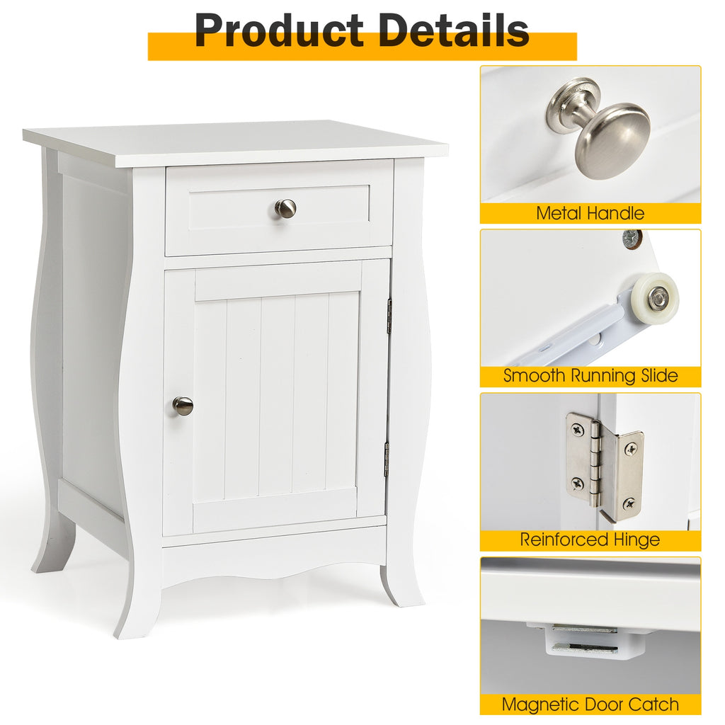 White Wooden End Table with Drawer and Cabinet Storage