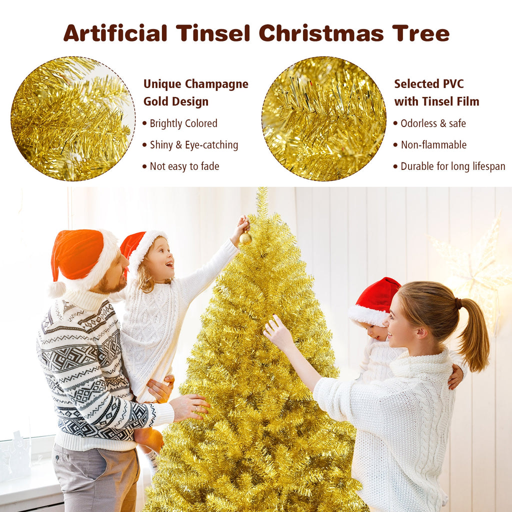 6 ft Artificial Tinsel Christmas Tree with Hinged Branches & Foldable Stand - Champagne Gold