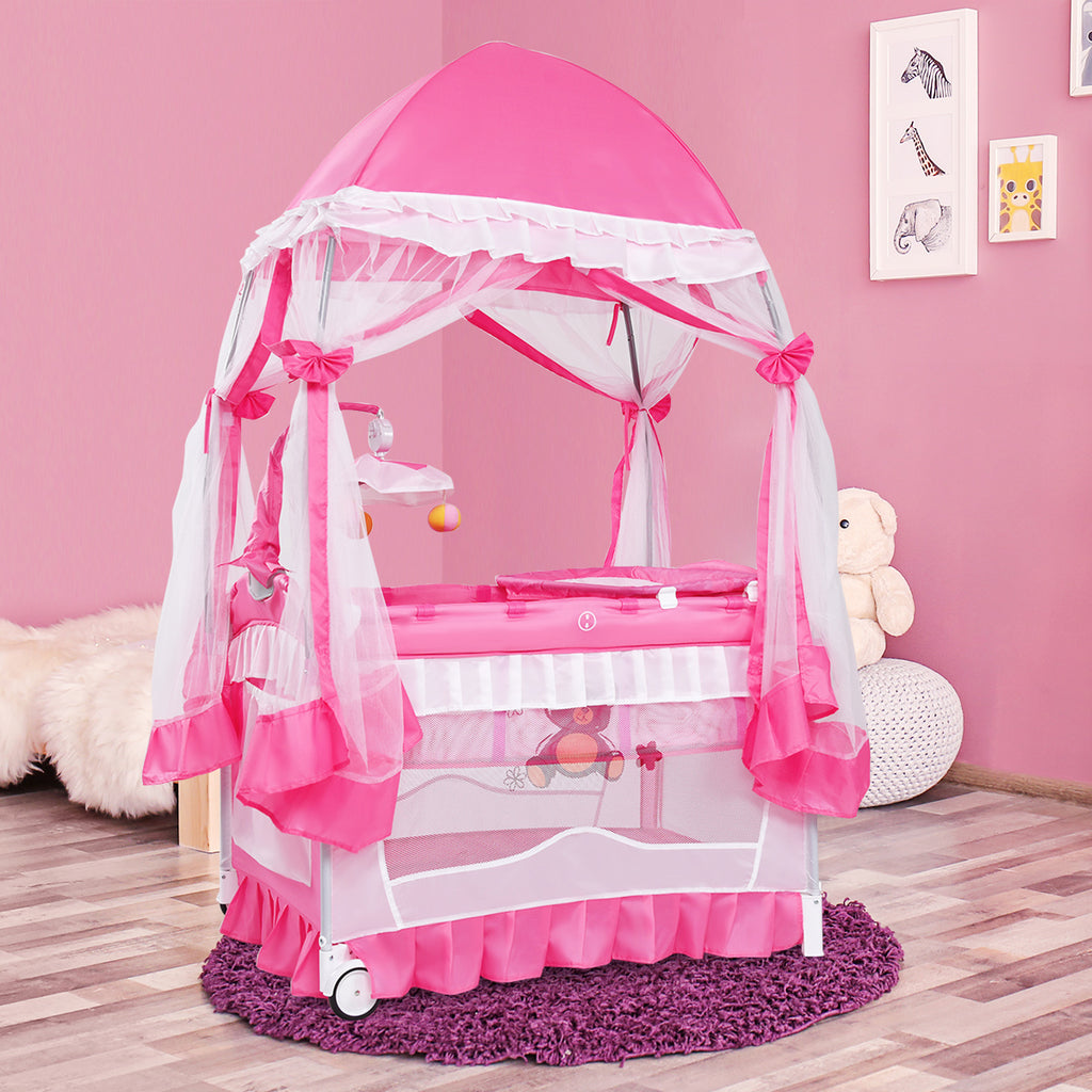 4-in-1 Portable Baby Playard with Carry Bag, Mosquito Net & Removable Bassinet - Pink
