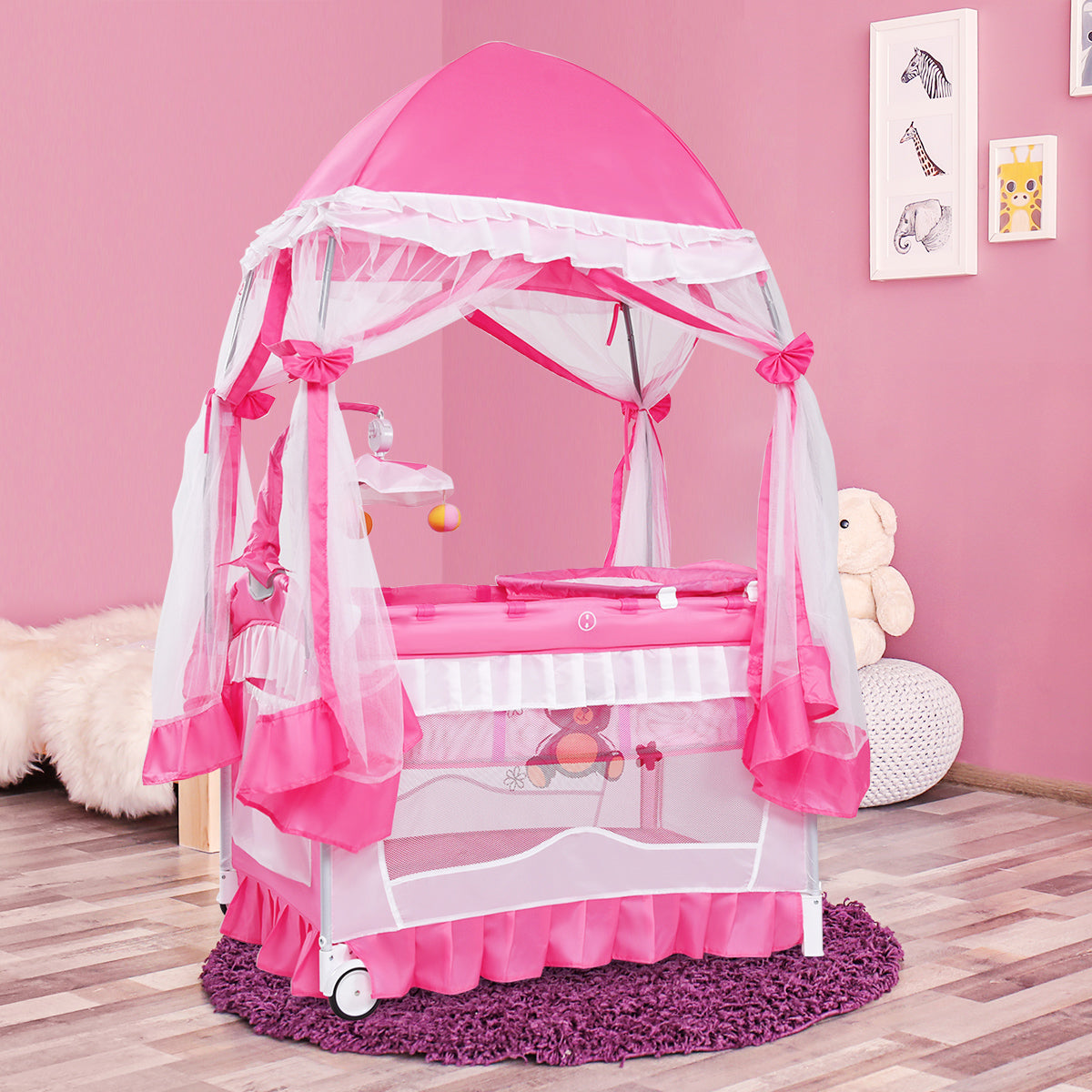 4-in-1 Portable Baby Playard with Carry Bag, Mosquito Net & Removable Bassinet - Pink