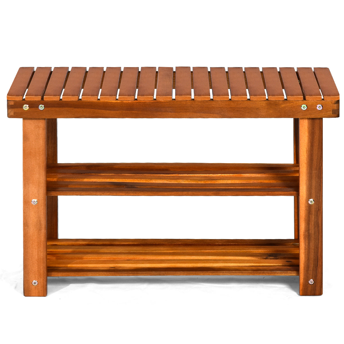 Acacia Wood Bench with 3-Tier Storage Shelves - 27.5"