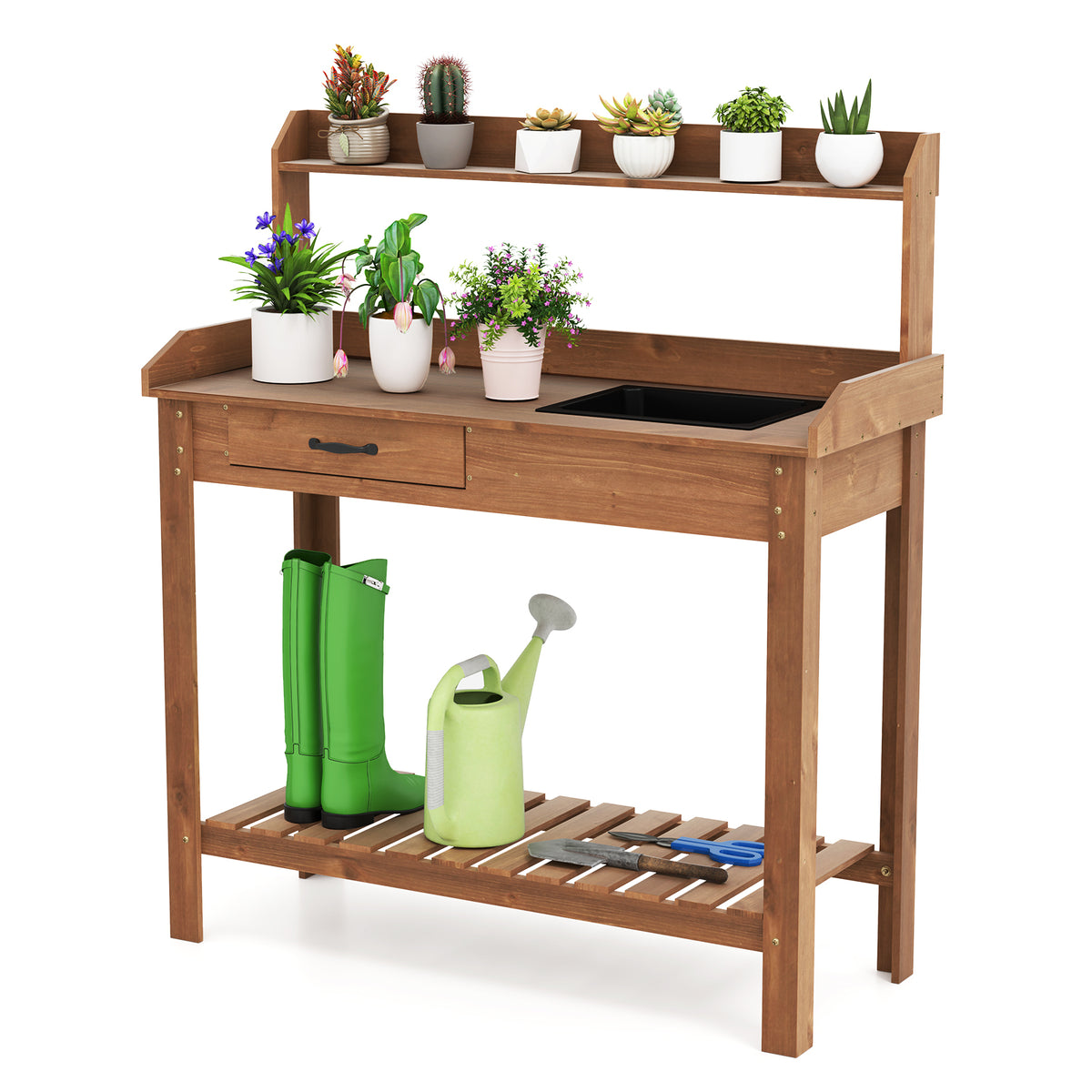 Outdoor Wooden Garden Table Work Station with Storage Shelves and