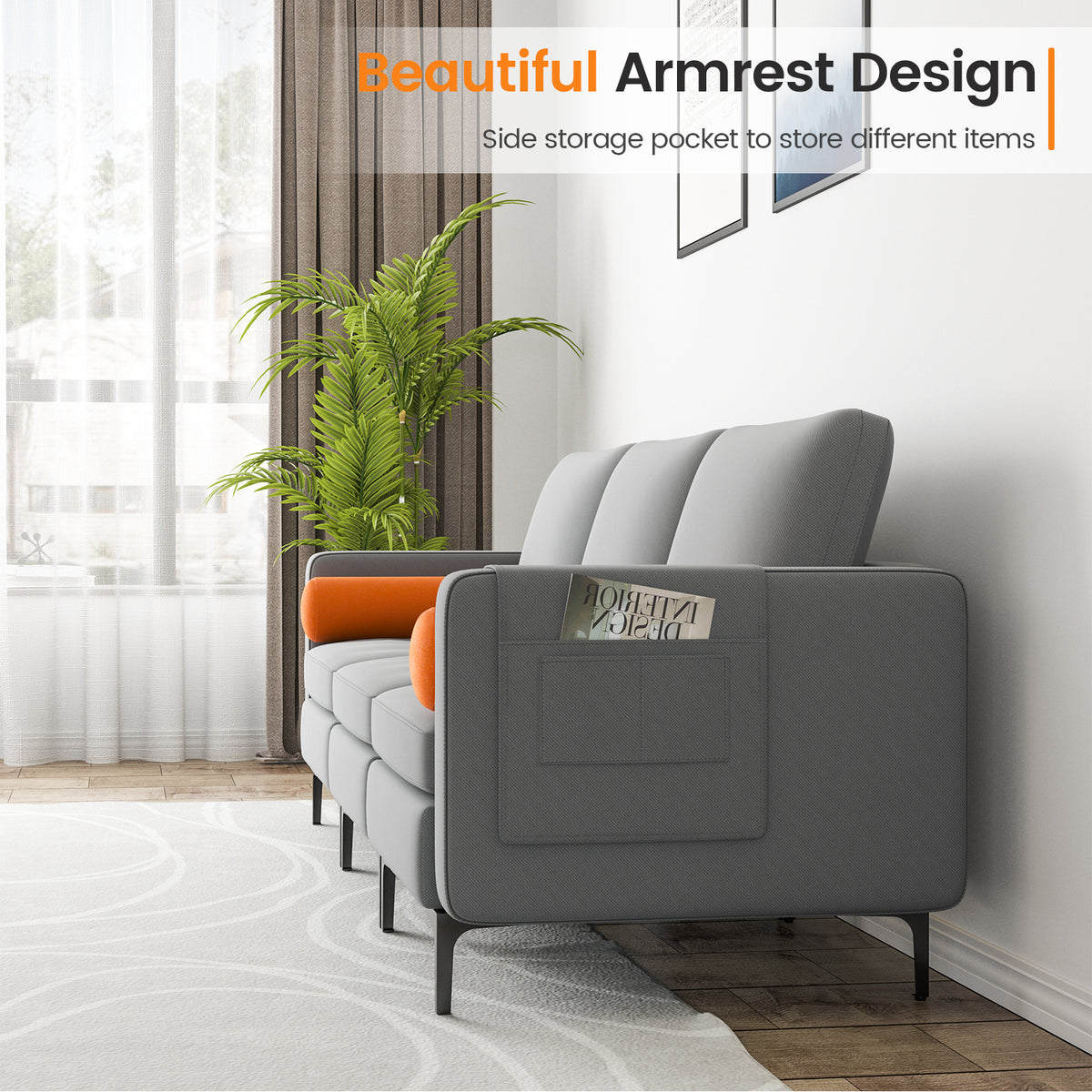 3-Seat Sofa with USB Ports and Storage - Gray