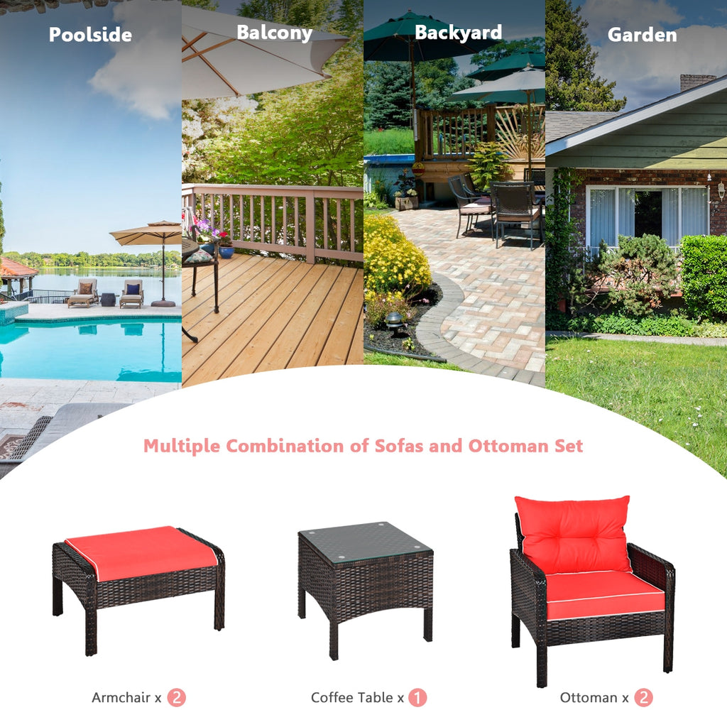 5-Piece Patio Rattan Sofa Set with Cushions - Red