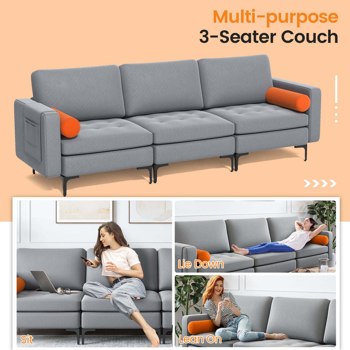 3-Seat Sofa with USB Ports and Storage - Gray