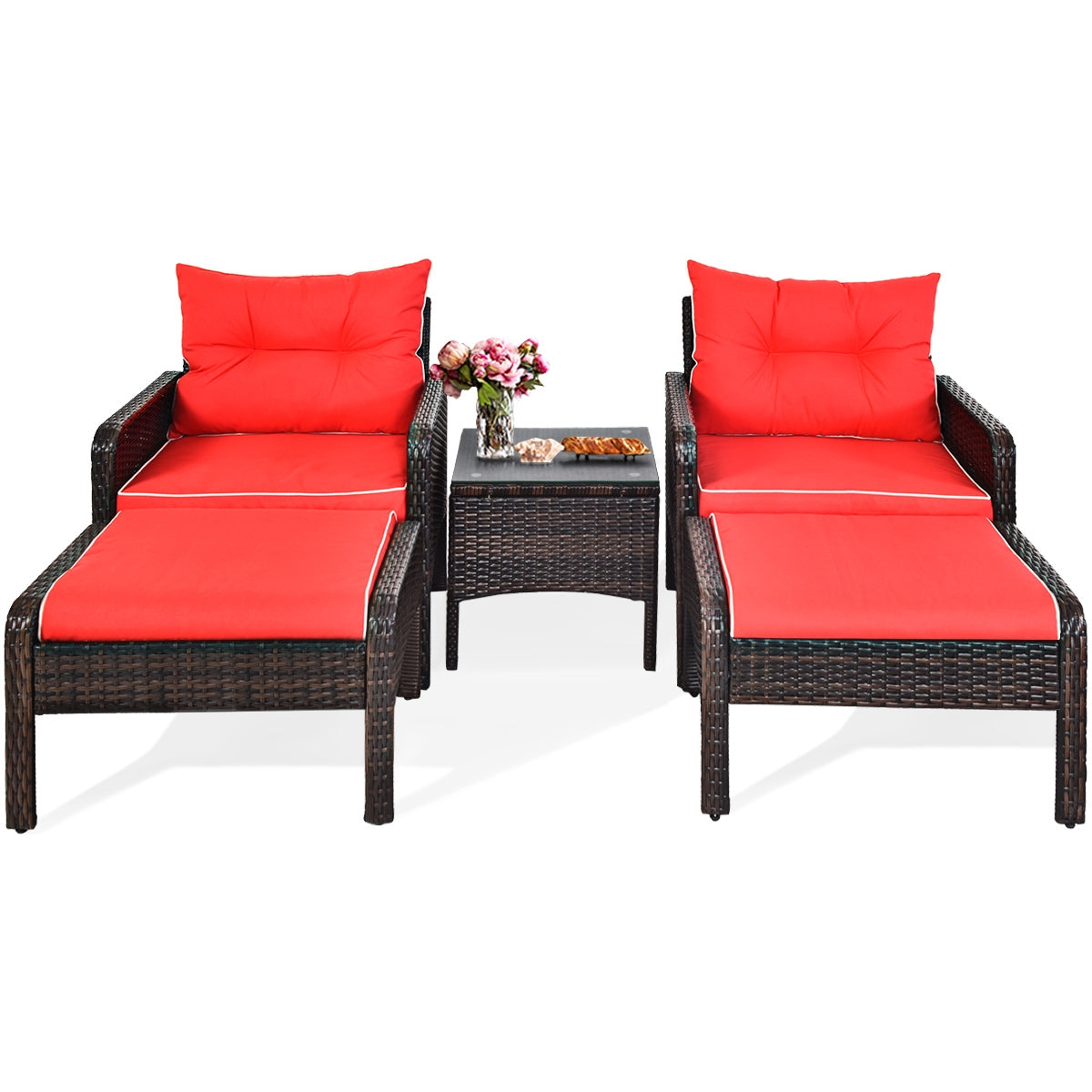 5-Piece Patio Rattan Sofa Set with Cushions - Red
