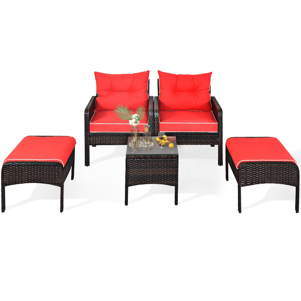 5-Piece Patio Rattan Sofa Set with Cushions - Red