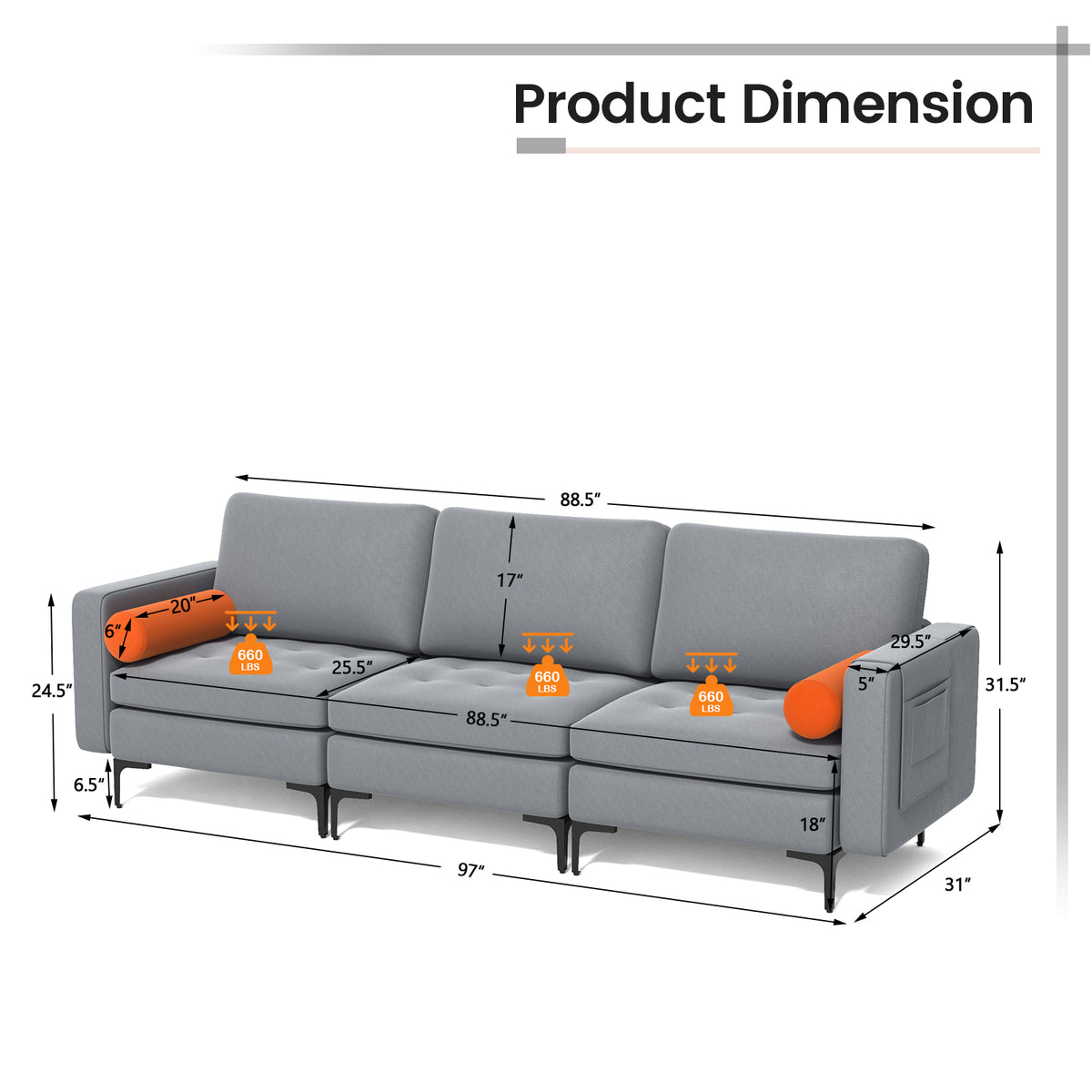 3-Seat Sofa with USB Ports and Storage - Gray