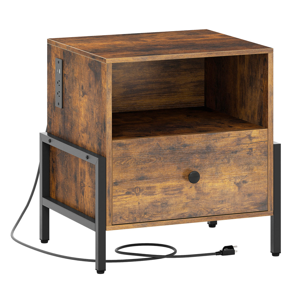 Nightstand with Charging Station and Drawer, Rustic Brown