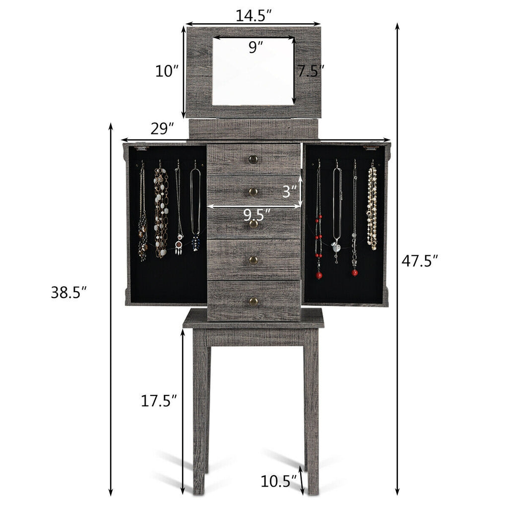 Standing Jewelry Cabinet with Mirror, 5 Drawers – Gray