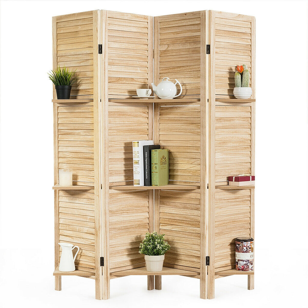 Brown 4 Panel Freestanding Room Divider with Shelves - Folding Privacy Screen