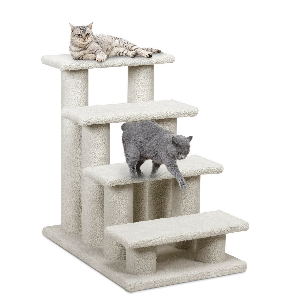 24 Inch Beige 4-Step Pet Stairs with Carpeted Climber & Scratching Posts