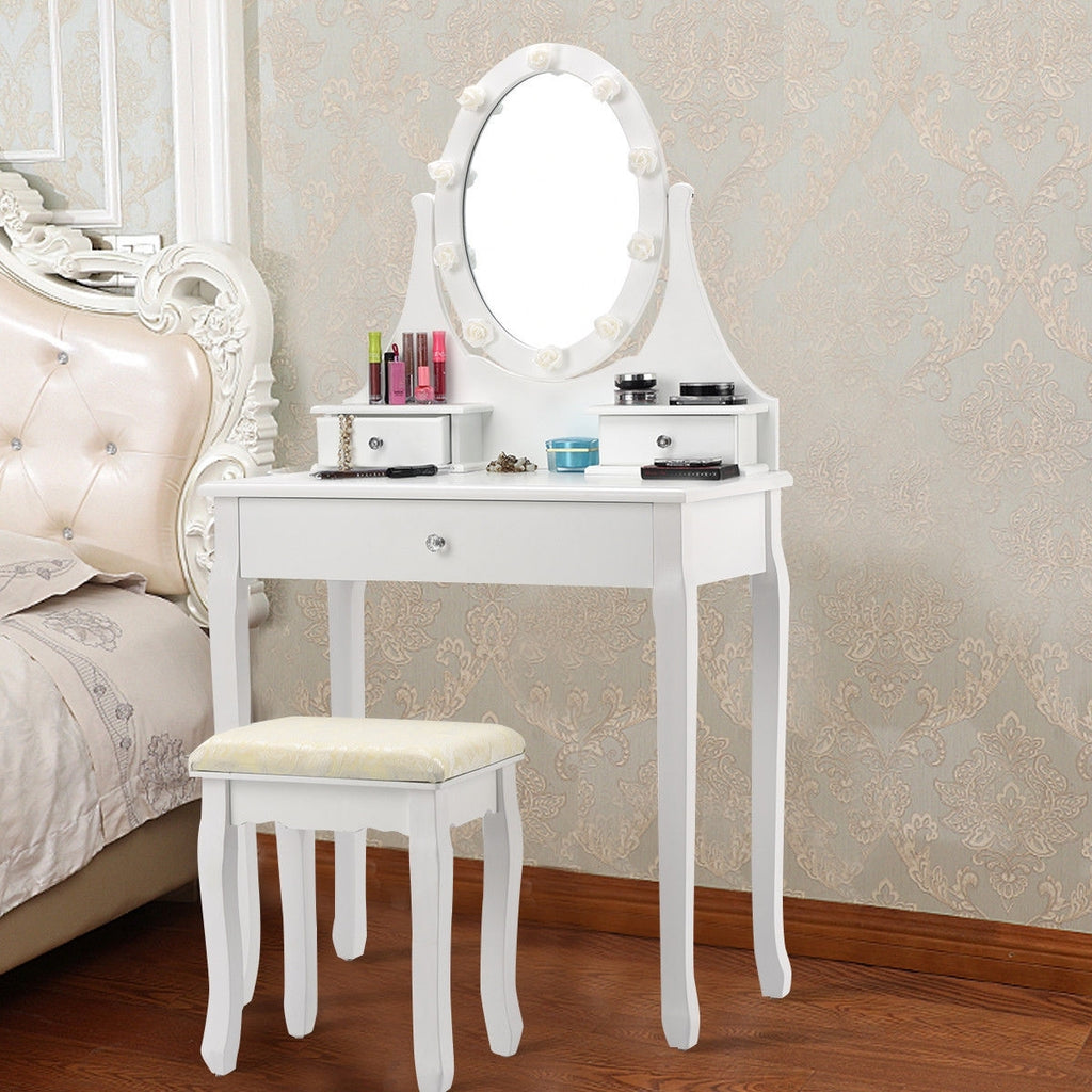 Lighted Dressing Table with 3 Drawers & Stool - Black, Style 2