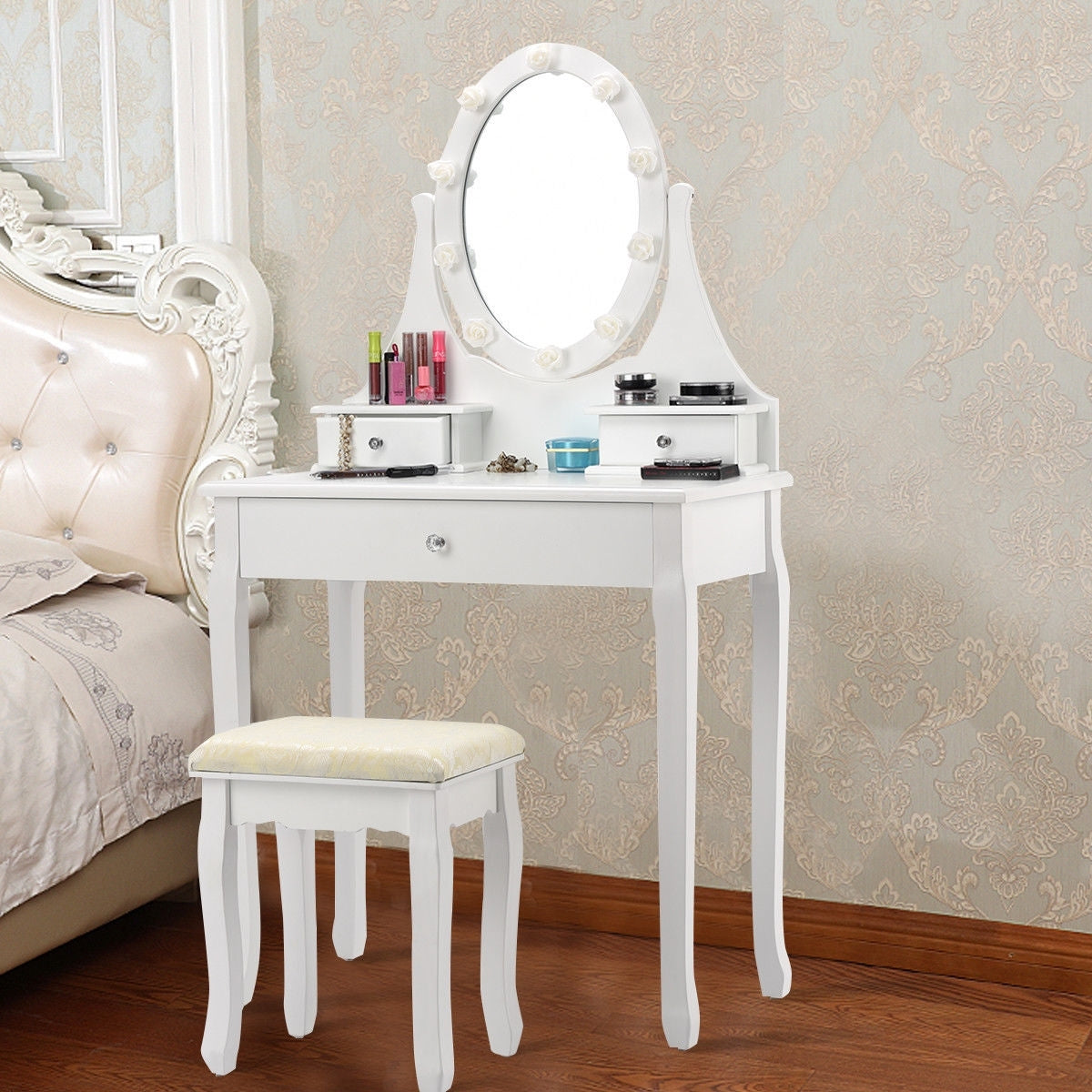 Lighted Dressing Table with 3 Drawers & Stool - Black, Style 2