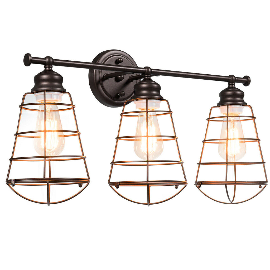 3-Light Bathroom Vanity Lamp Fixture with Metal Wire Cage - Retro Industrial Style