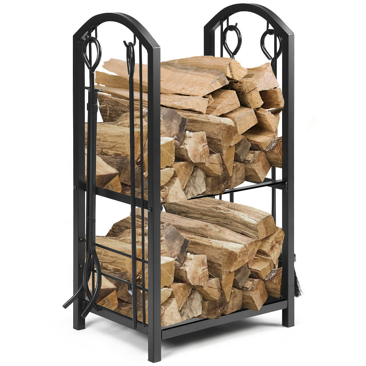 Fireplace Log Rack with 4 Tools and 2 Shelves - Black