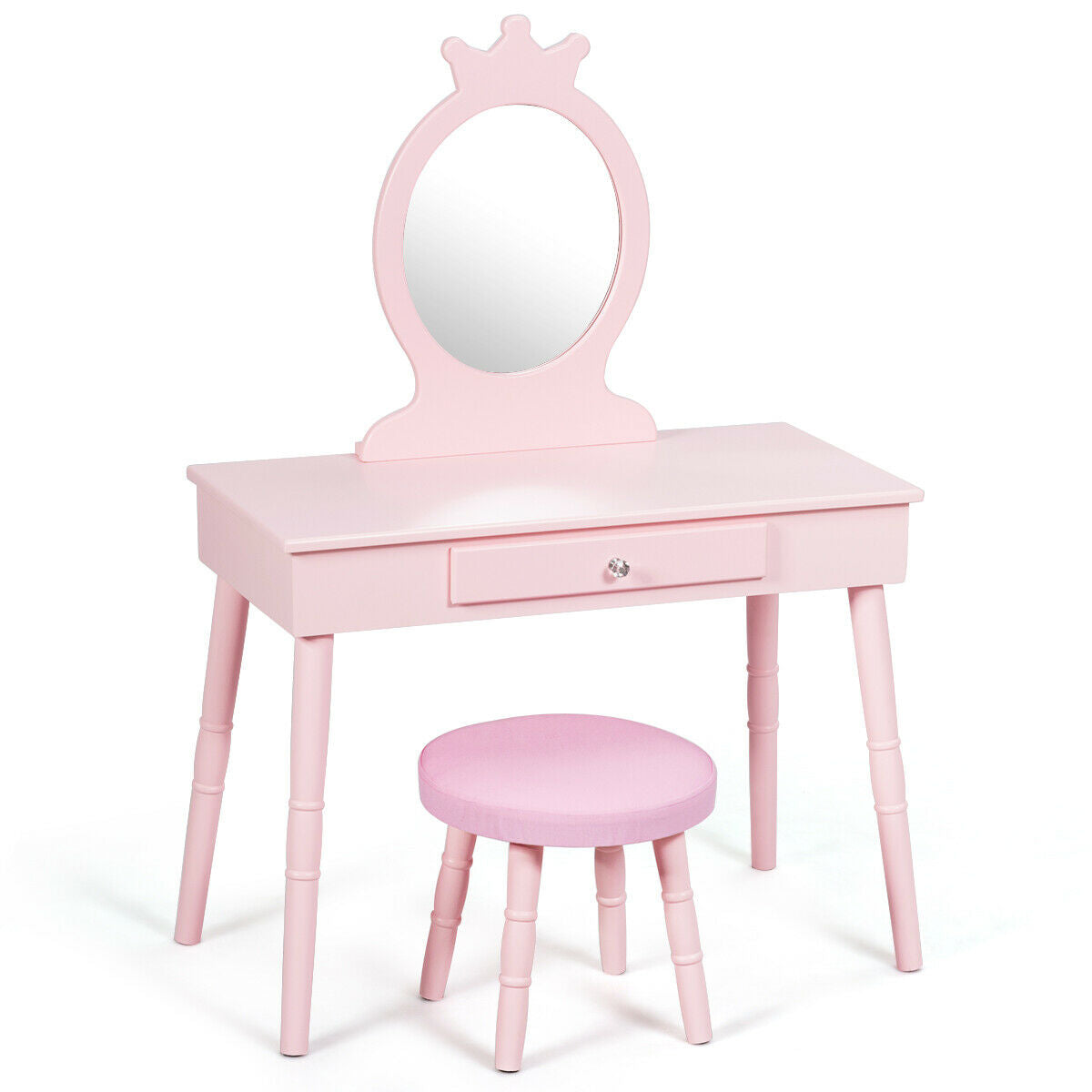 Kids Wooden Princess Makeup Table with Cushioned Stool & Round Mirror - Pink Variation
