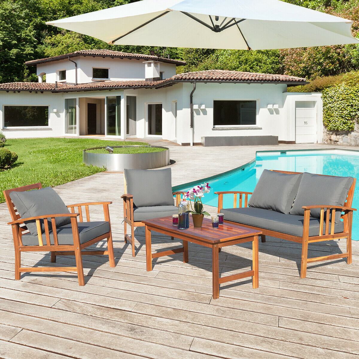 4-Piece Wooden Patio Sofa Set with Cushions - Gray