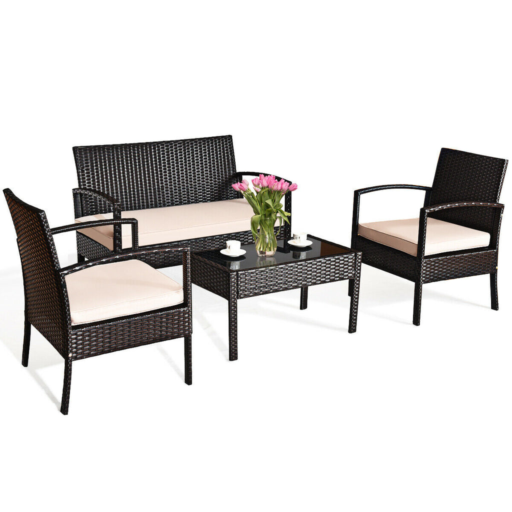 4-Piece Patio Rattan Conversation Set with Loveseat & Coffee Table
