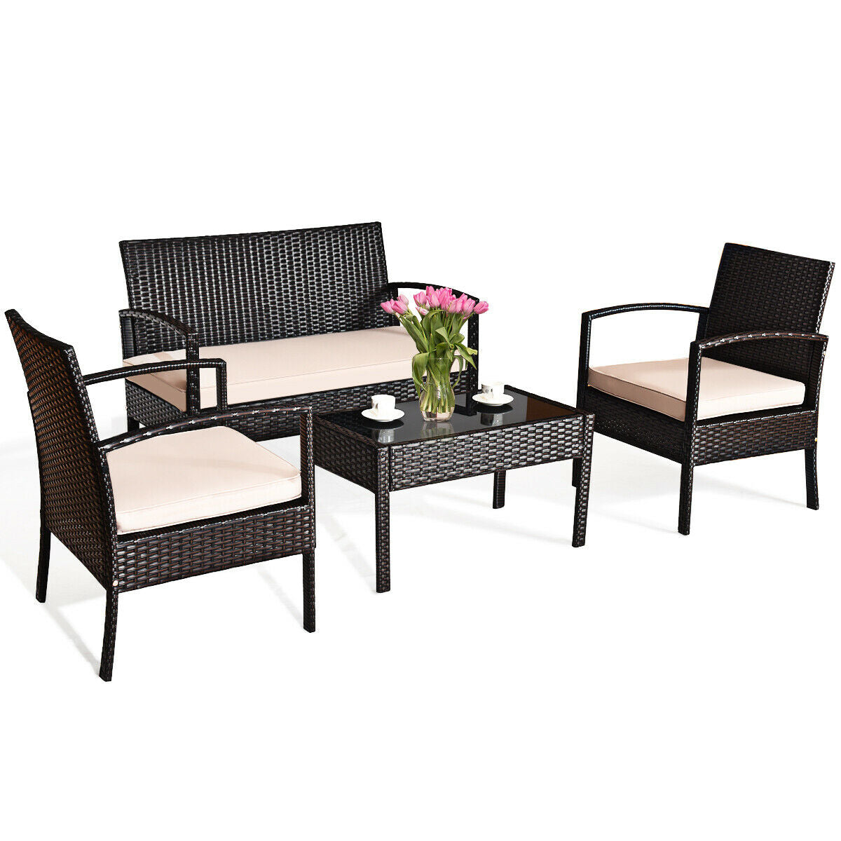 4-Piece Patio Rattan Conversation Set with Loveseat & Coffee Table