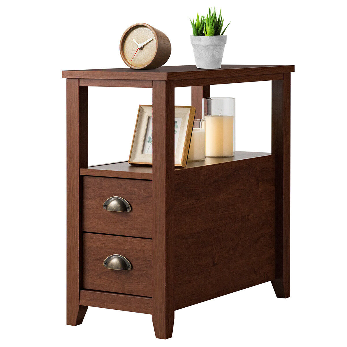 Rectangular Nightstand with 2 Drawers & Shelf, Brown