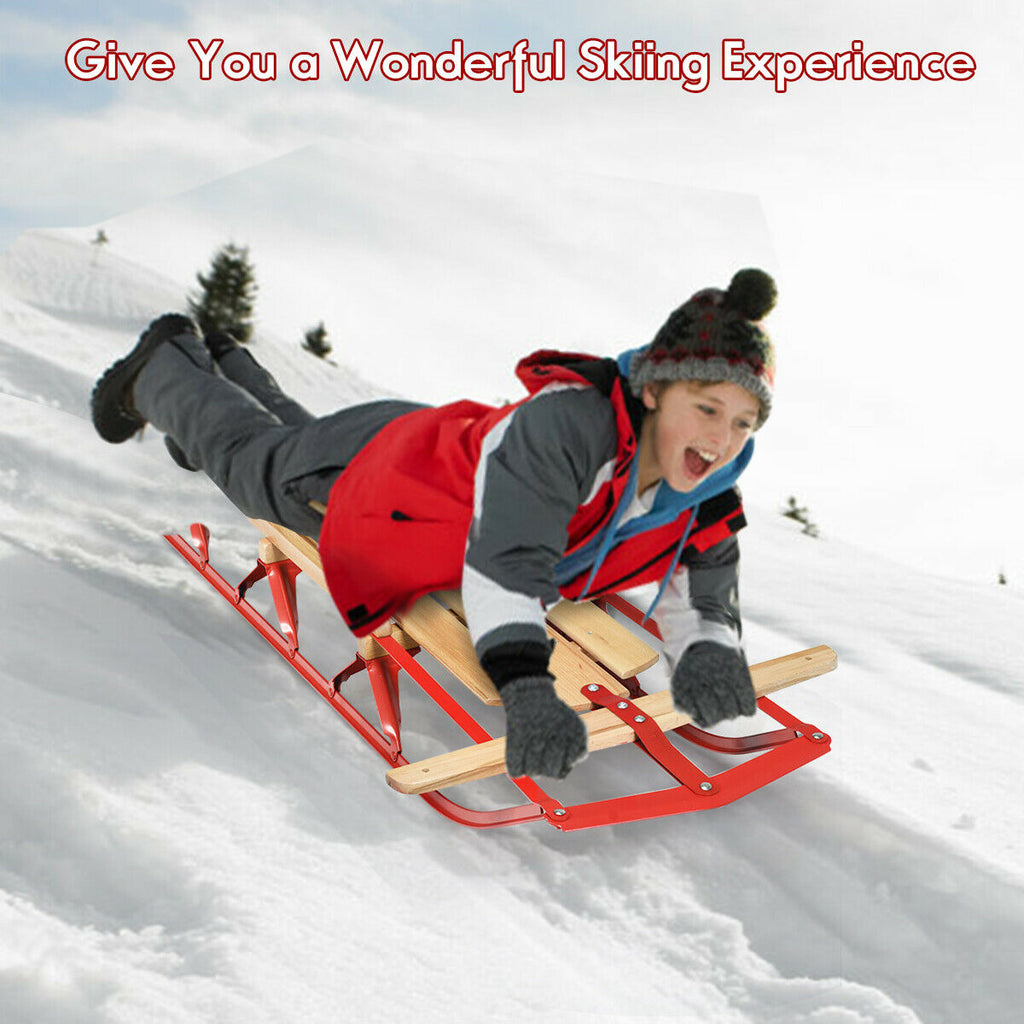 Red 54 Inch Wooden Snow Sled with Metal Runners & Steering Bar - Kids & Adults