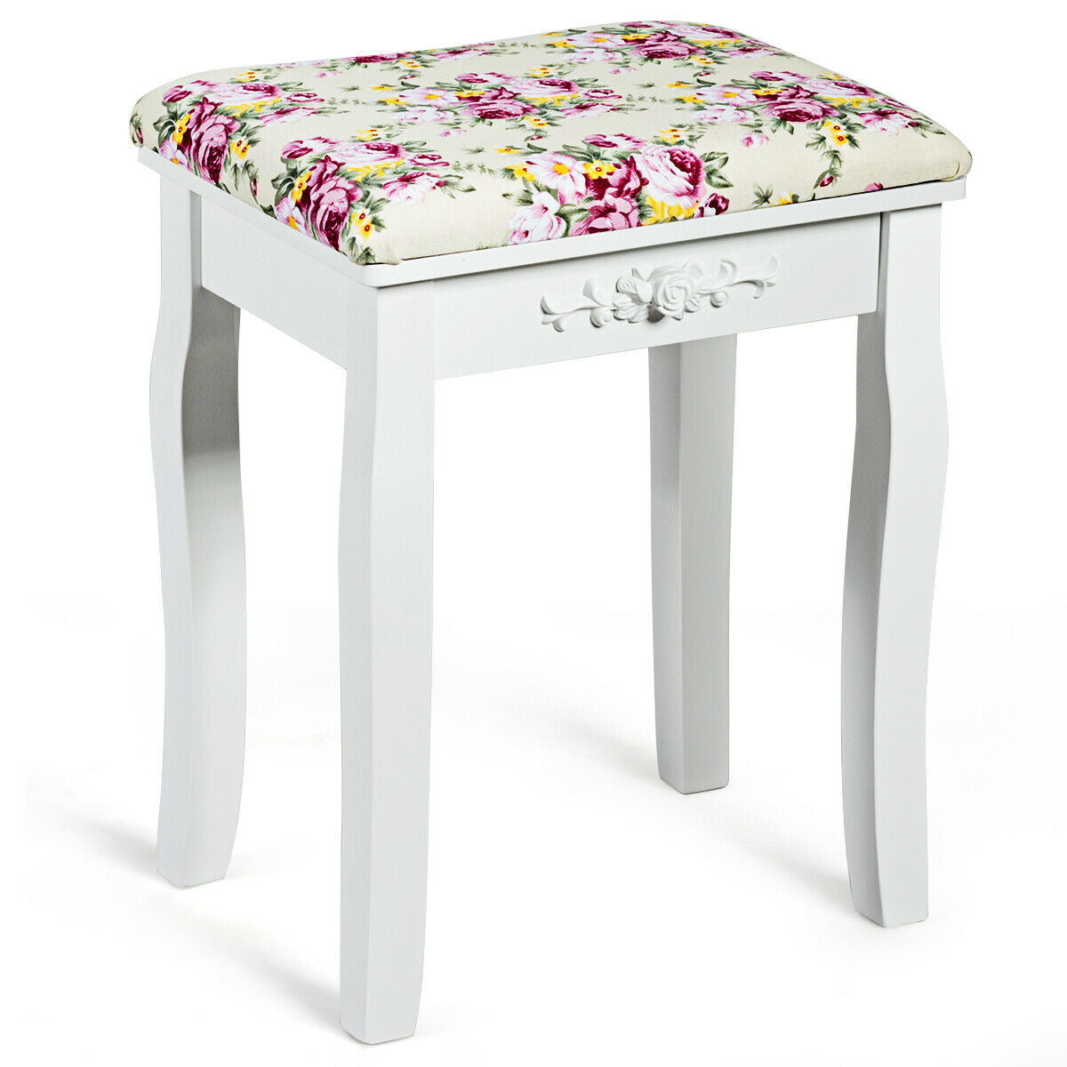 Vanity Wood Dressing Stool with Rose Cushion - White