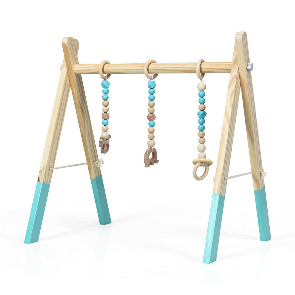 Wooden Baby Play Center with 3 Hanging Toys - Blue, Foldable & Easy to Disassemble