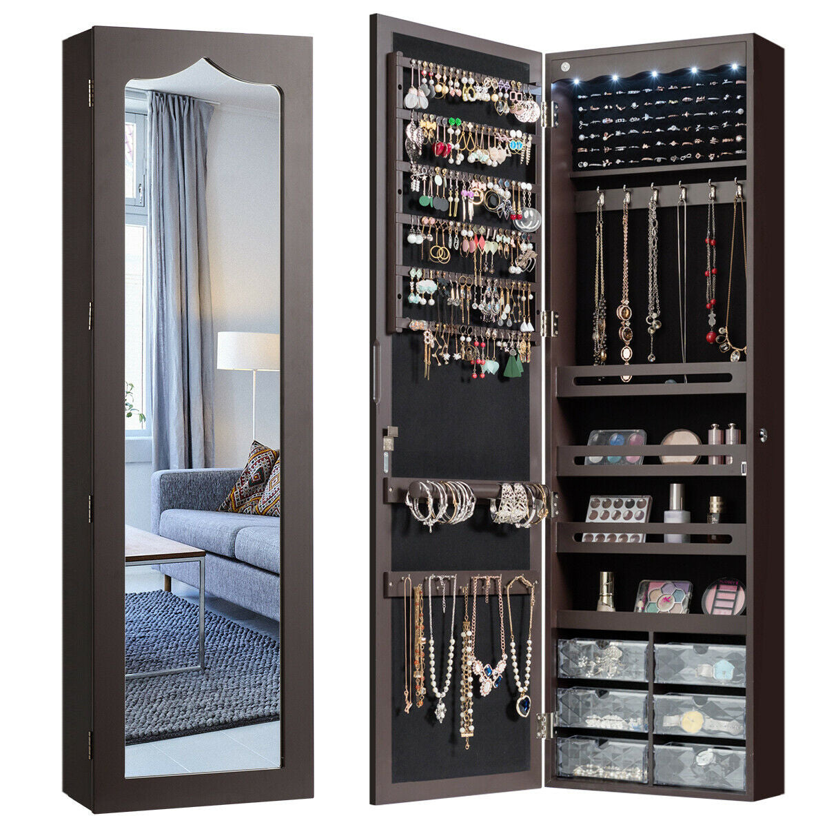 Door Hanging Jewelry Armoire with Full Length Mirror - Brown, 6 LEDs